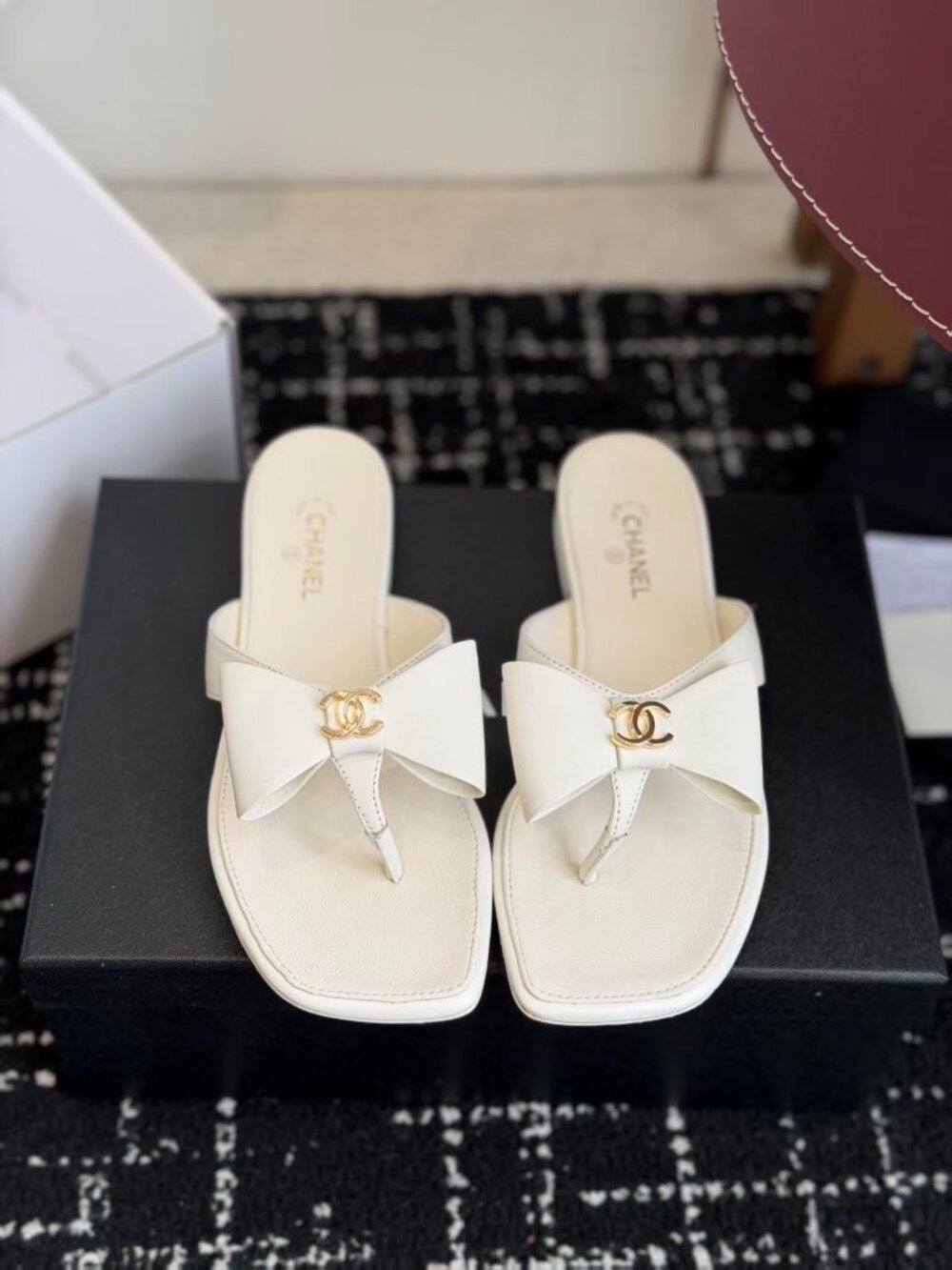 Chanel White Bow Thong Slide Sandals Gold CC Logo Square Toe Flip Flops